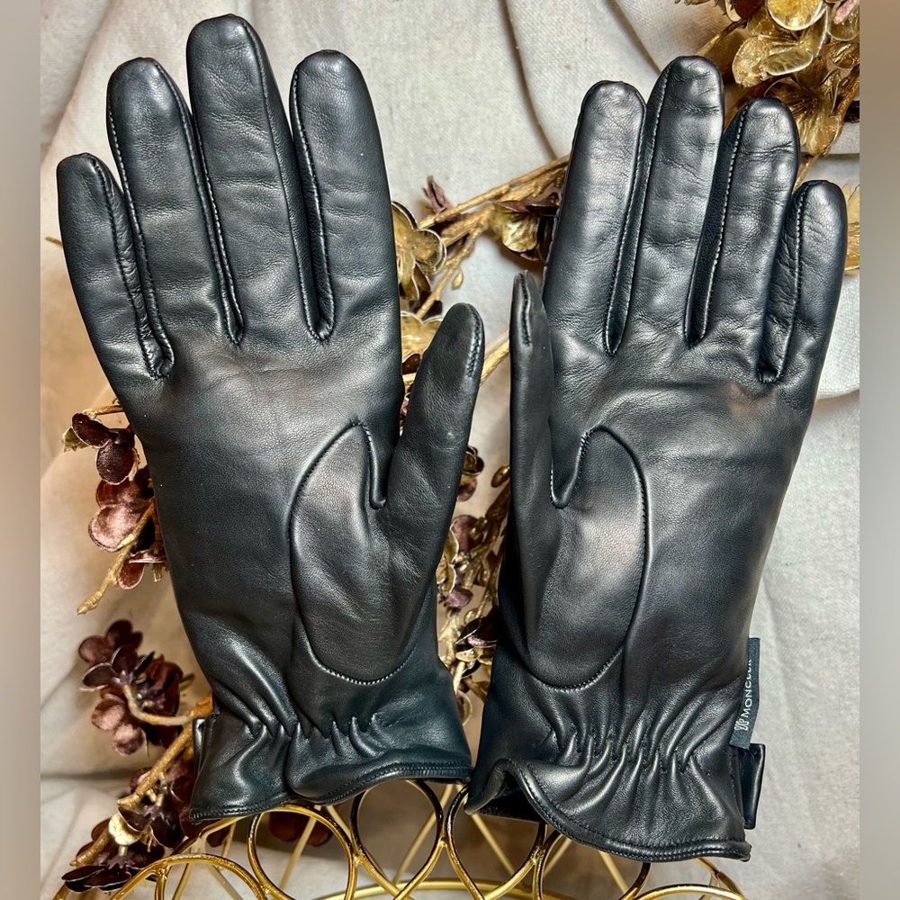 Moncler Black GUANTI Quilted Leather Wool Women’s Gloves Size Medium - Picture 2 of 11
